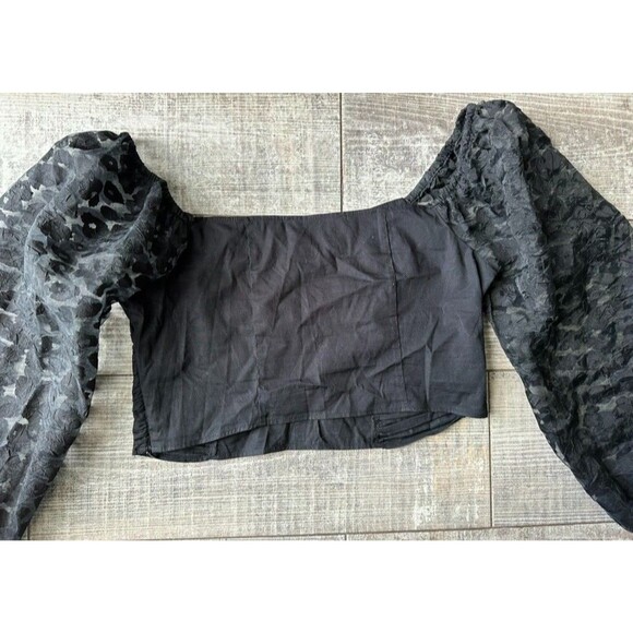 Zara Womens Medium Top Animal Leopard Print Organza Puff Vneck Sleeve Crop Black - Picture 4 of 8